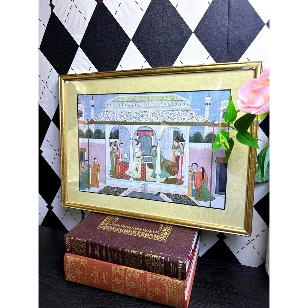 Vintage Framed Indian Nala and Damayanti Mahabharata Print Palace Scene Wall Art